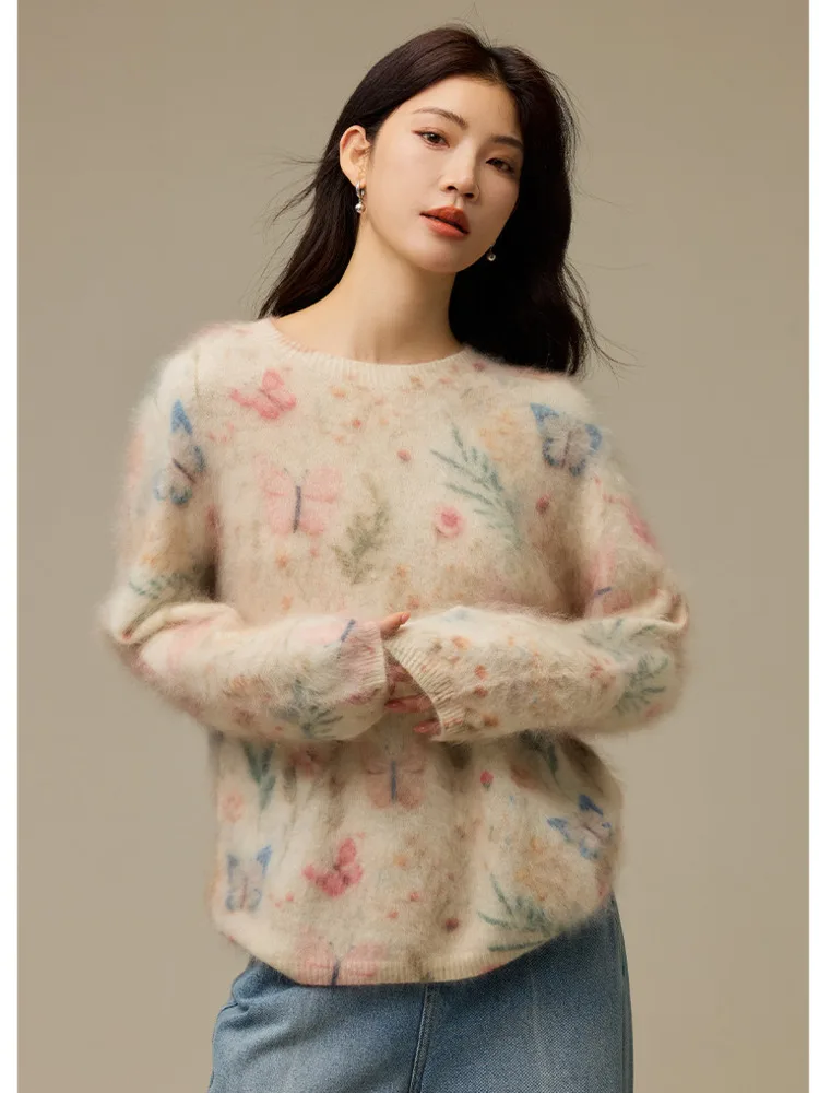 Watercolor Butterfly Floral Print Sweater Wool Cashmere Silk Blend Seamless Thick Knit Pullover Round Neck Loose Knitwear