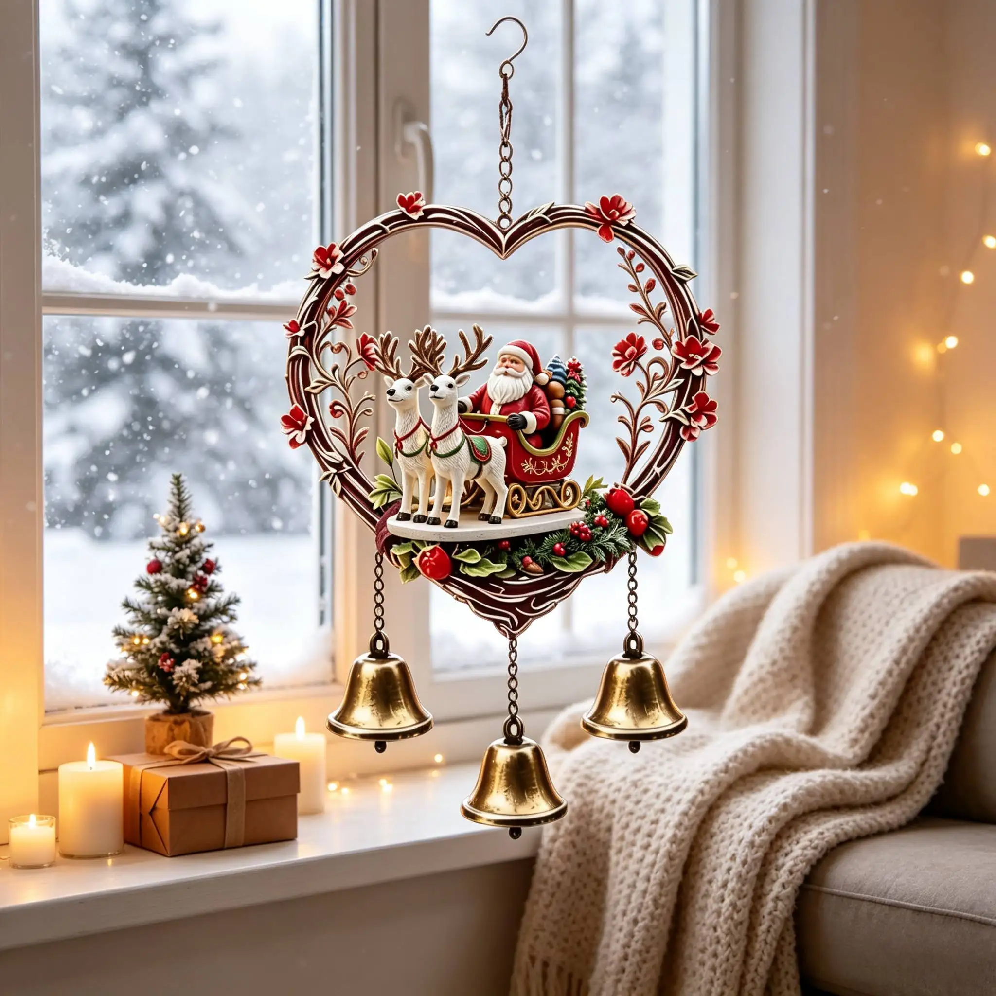 An Acrylic Red Floral Carved Heart-shaped Santa Claus Reindeer with Three Copper Bells Metal Wind Chime. Room Decor Aesthetic