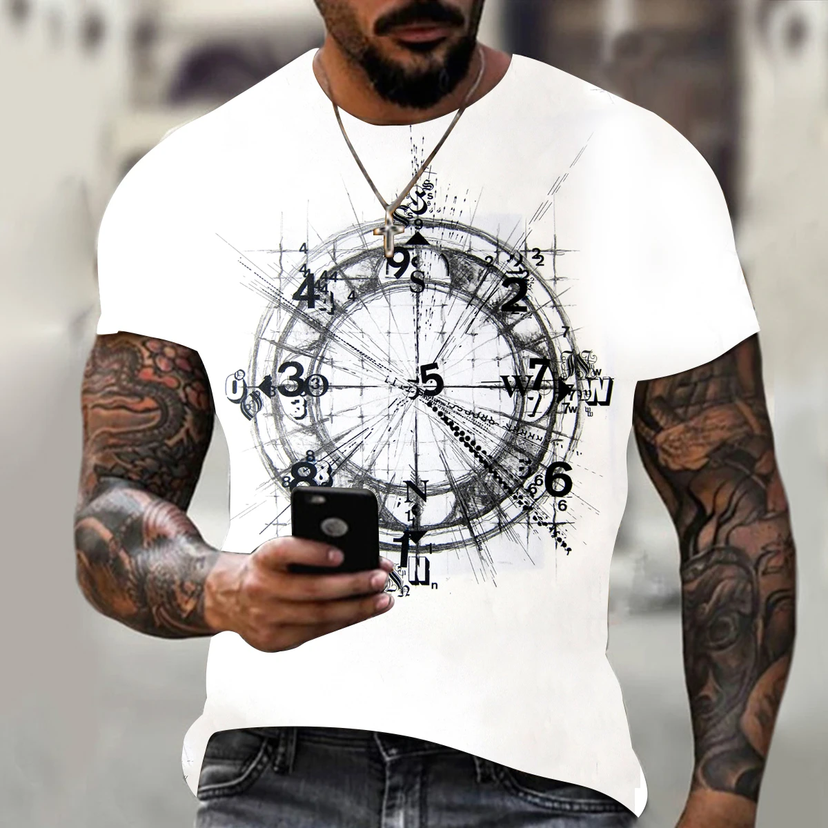 Compass for Men 3D Printed T - Shirt Casual Loose Hip - Hop Short Sleeves Street Fashion Trend White Summer Classic Shirt