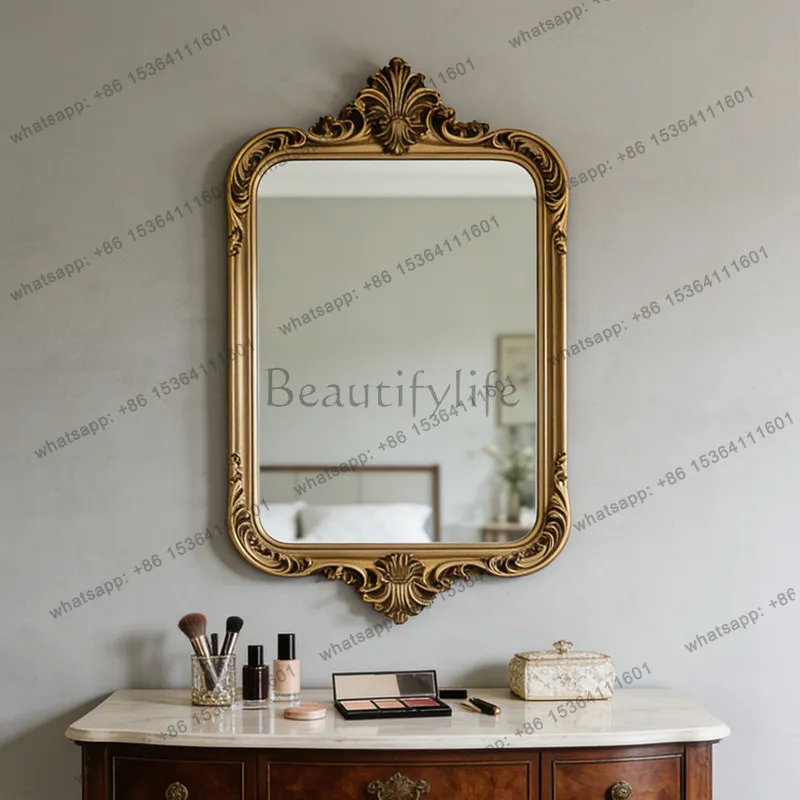 Retro European carved makeup mirror wall-mounted square gold decorative mirror