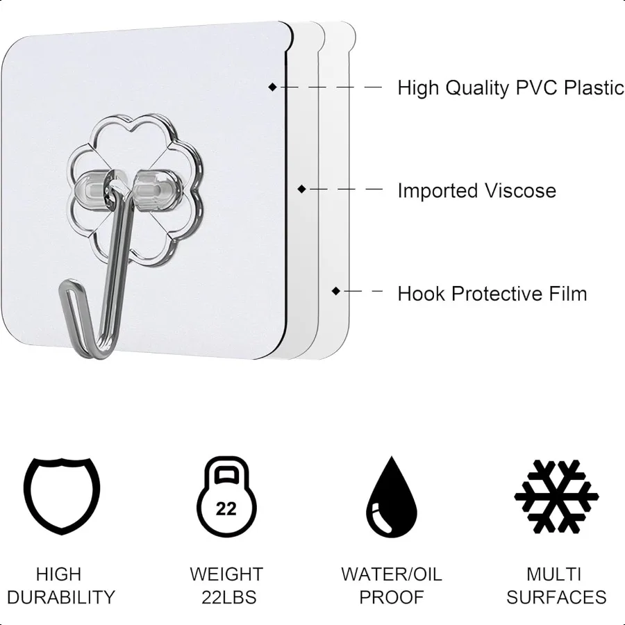Self Adhesive Hooks 24 Pcs Transparent Waterproof Sticky Hooks Hanging Heavy Duty on Smooth Surfaces Like Wall Tiles Glass Meta