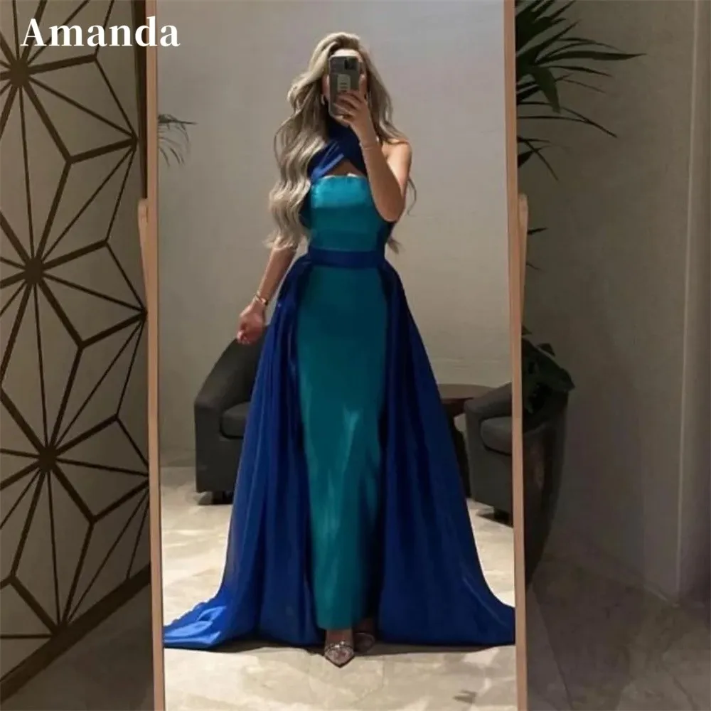 

Amanda Long Prom Dress with Detachable Train Blue Satin فساتين سهرة سعودية Elegant Pageant Dress vestido de festa noite