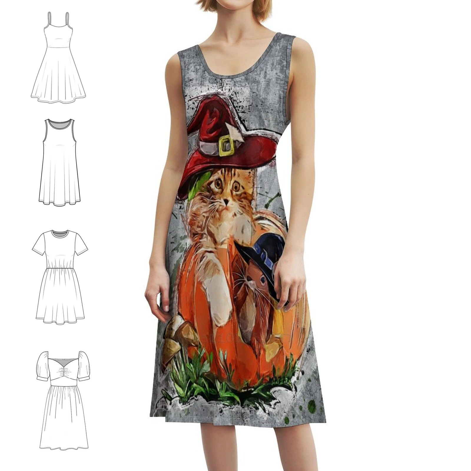 فستان ساحرة صغيرة على شكل قطة وسنجاب في فستان بوهيمي لطيف بدون أكمام للنساء مطبوع عليه فساتين حفلات الشاطئ Mazax Art Cat