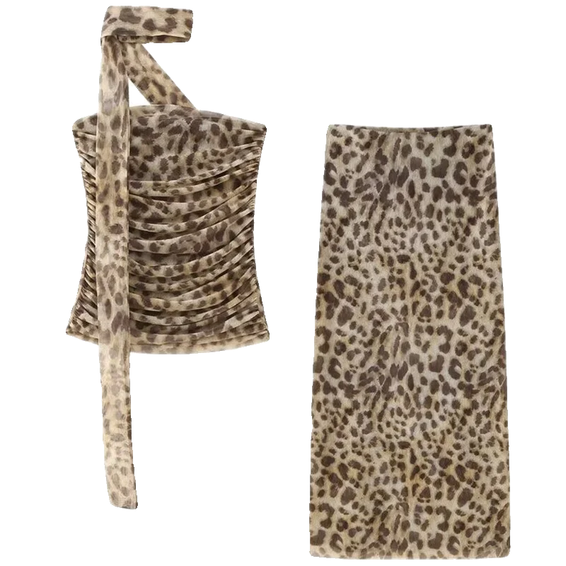 مجموعة أزياء ربيع 2024 للسيدات، تصميم مطبوع من الحرير الشبكي، توب قصير، تنورة نصفية عالية الخصر، طقم عالي الجودة