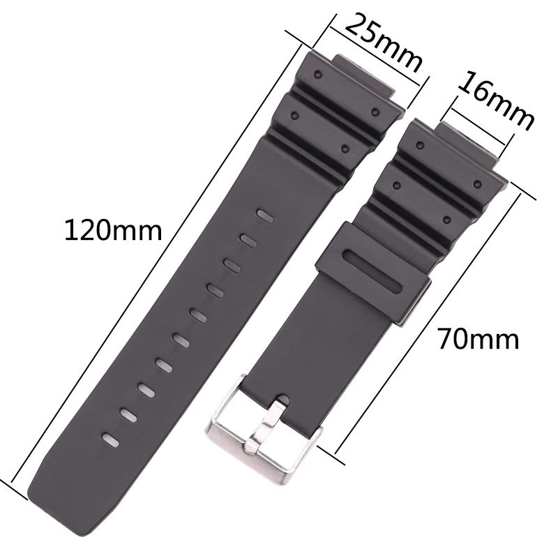 16mm x 25mm Watchband Strap Men Black Sports Diving Rubber Watch Band Stainless Steel Buckle Accessories For 9052 Series