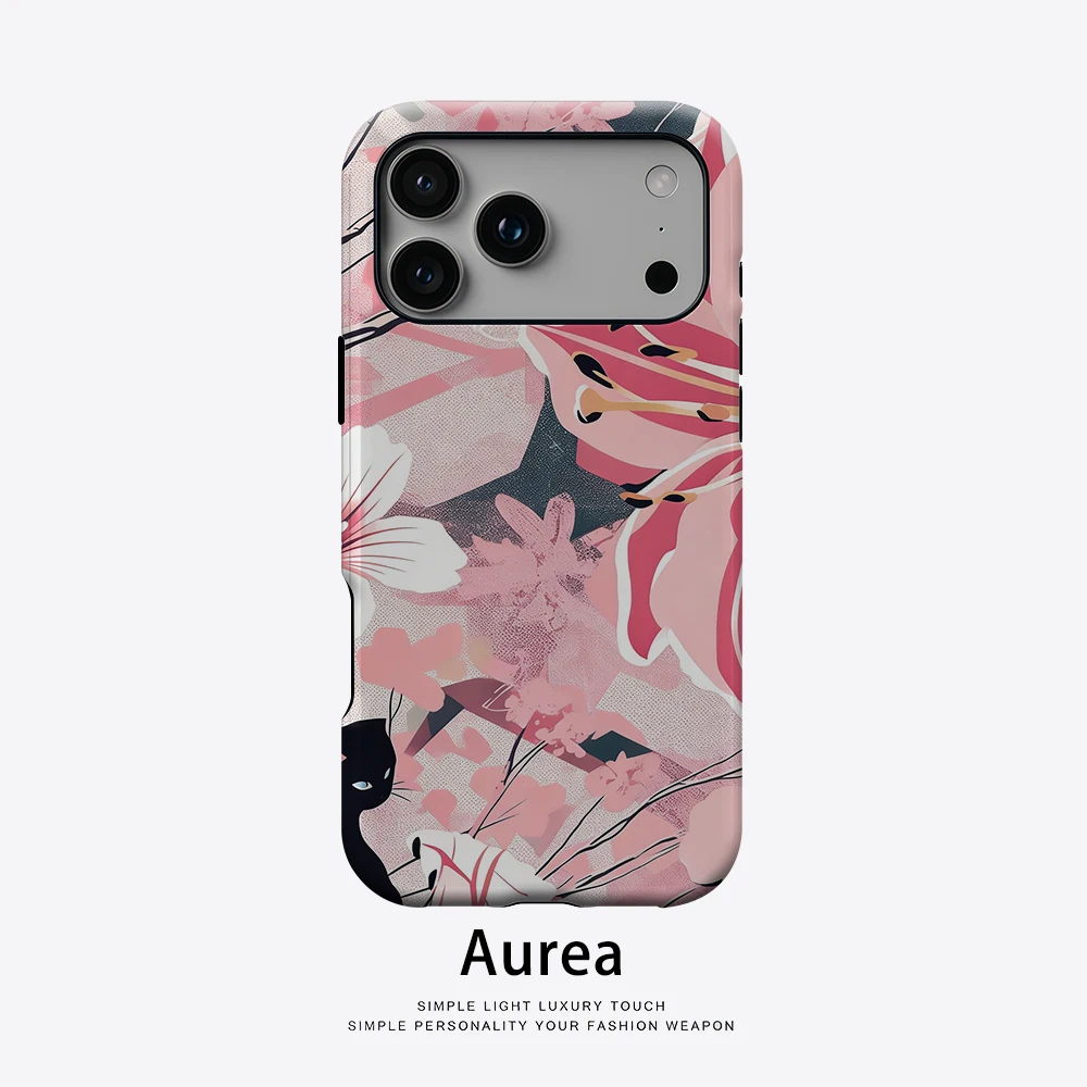 Aurea Case Matte Bumper für MagSafe Hülle für iPhone 18 17 16 15 14 Plus 13 Pro Max Stoßfeste Harte PC Hülle Schwarze Katze Rosa Lilie Cover