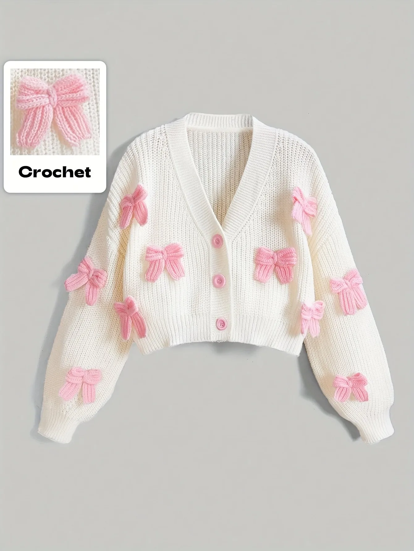4-12Y Girls 3D Bow V-Neck Button Cropped Cardigan Long Sleeve Knit Sweater Casual Outerwear