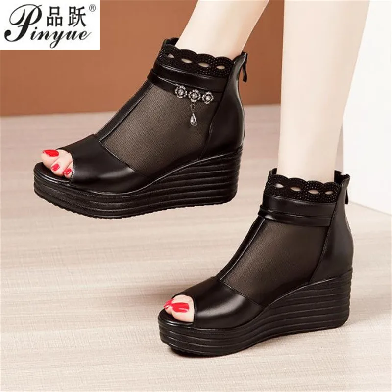 7cm Wedge dermis high Breathable mesh for women summer new thick soles hollow Plus-size fish mouth occupation sandals size 32 43