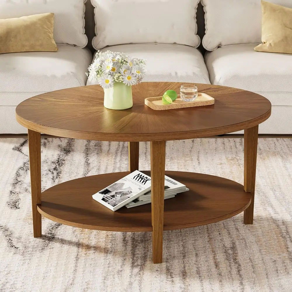 

Oval Solid Wood Coffee Table with 2-Tier Storage for Living Room, Easy Assembly