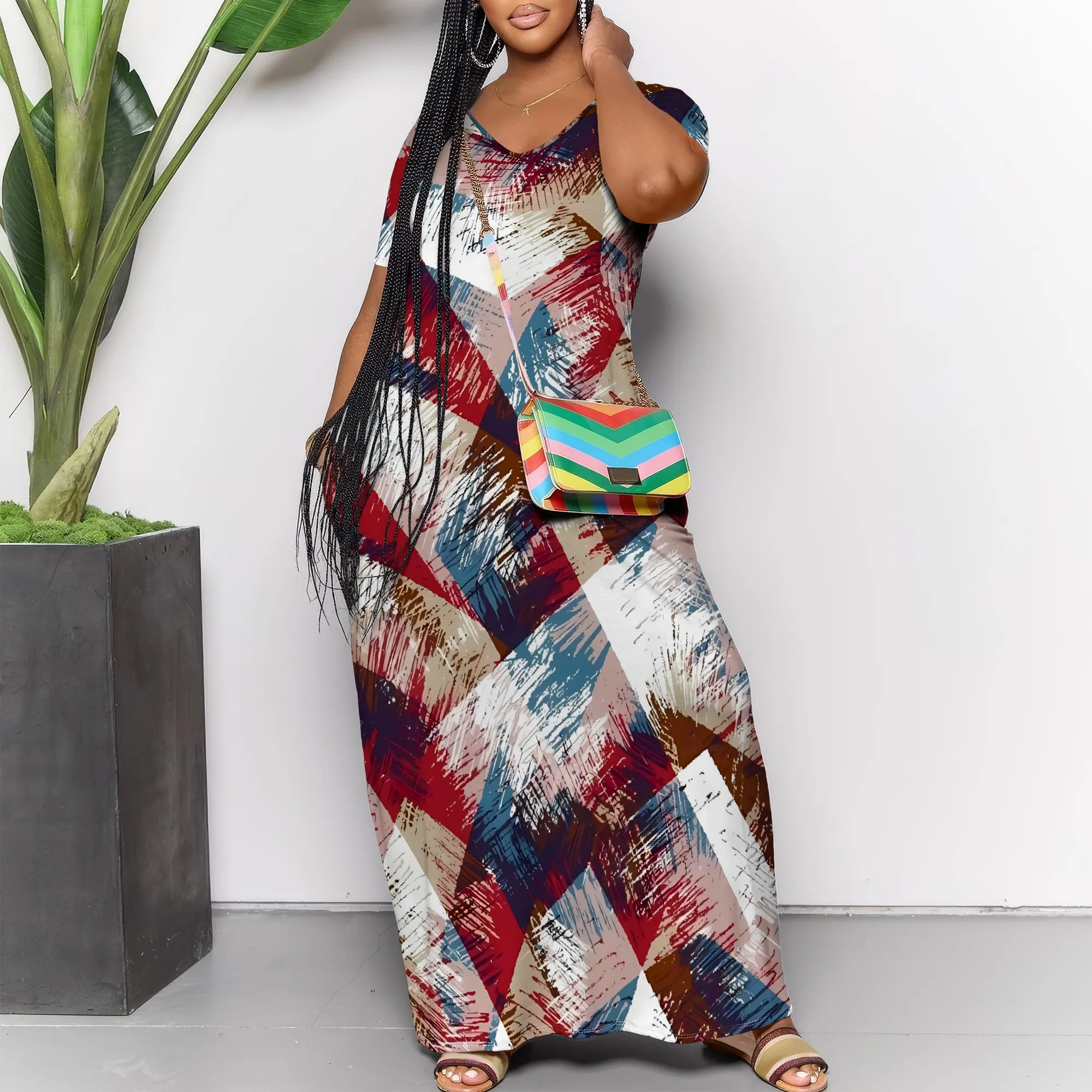 

Nupusa Abstract Print Dress for Women Regular Size Summer Casual V Neck Short Sleeve Maxi Dress