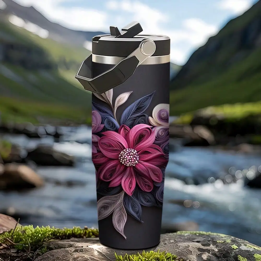 

1pc 30oz 304 Stainless Steel Floral Vacuum Insulated Tumbler Mug, Car Travel Outdoor Adventure Gift For Family Friends