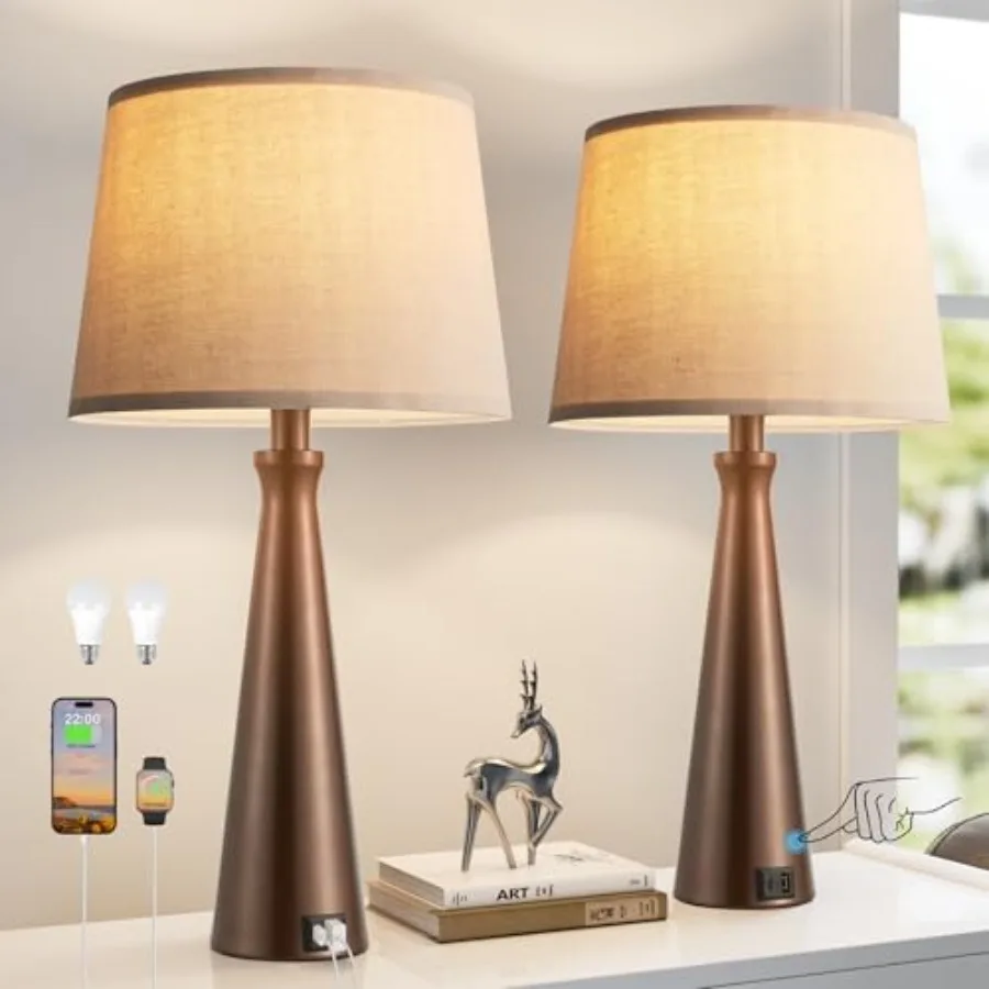 

Modern Table Lamps Set of 2 - Touch Bedside Lamp for Nightstand with Dual USB C+A, 3-Way Dimmable Brown Nightstand Lamps for Li