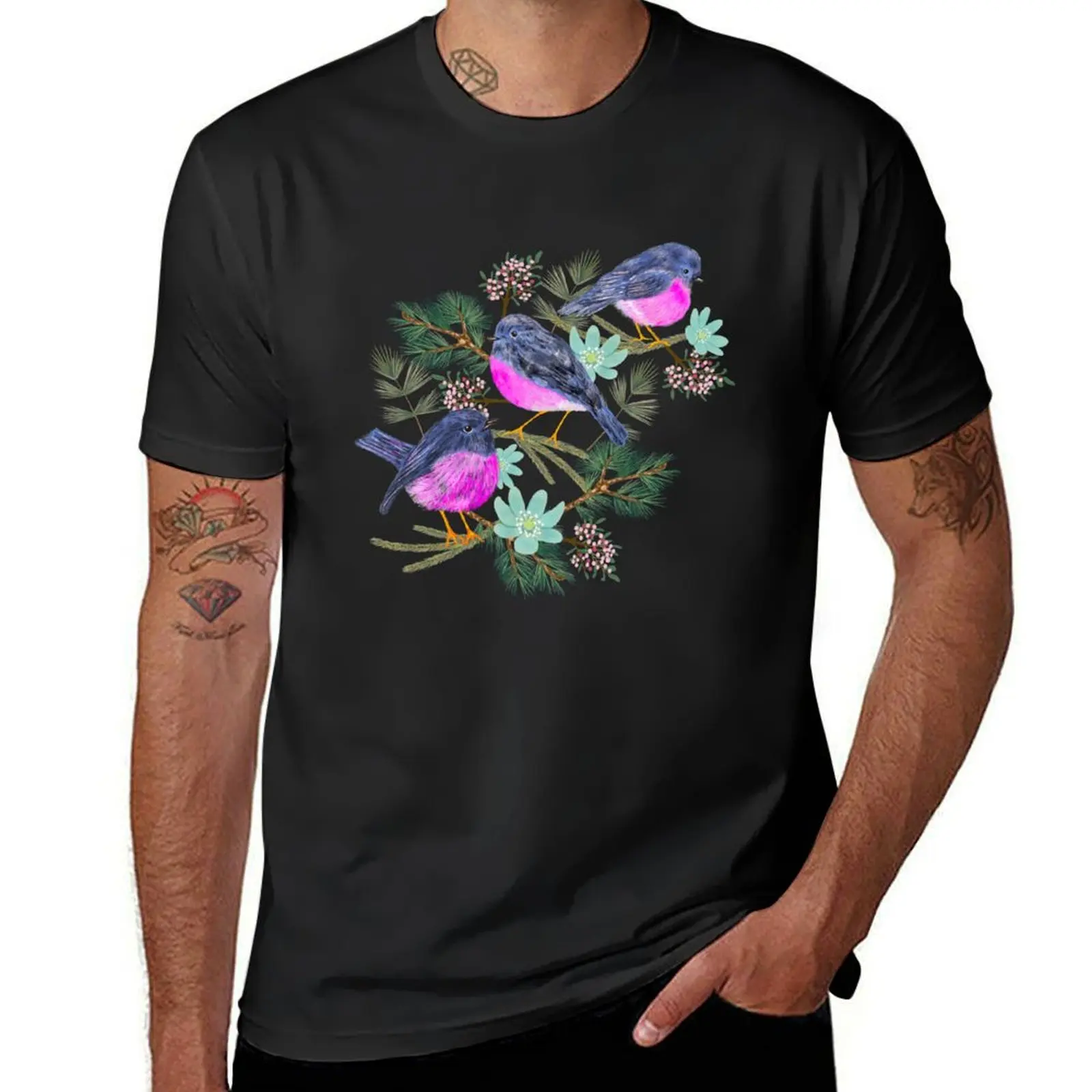 

Pink robins T-Shirt summer shirt vintage blacks T-shirts man Short sleeve tee men