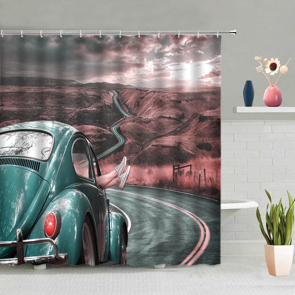 Retro Car Shower Curtain Mountain Highway Scenery Bathroom Accessories Set Bath Curtains Bathtub Screens Home Decor Hanging