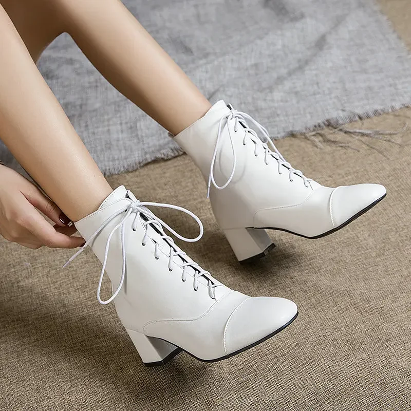 Autumn Winter New Ankle Boots Women Sewing PU 5.5CM Square Toe Lace Up Velvet Office Career Lady Concise Women Shoes Black