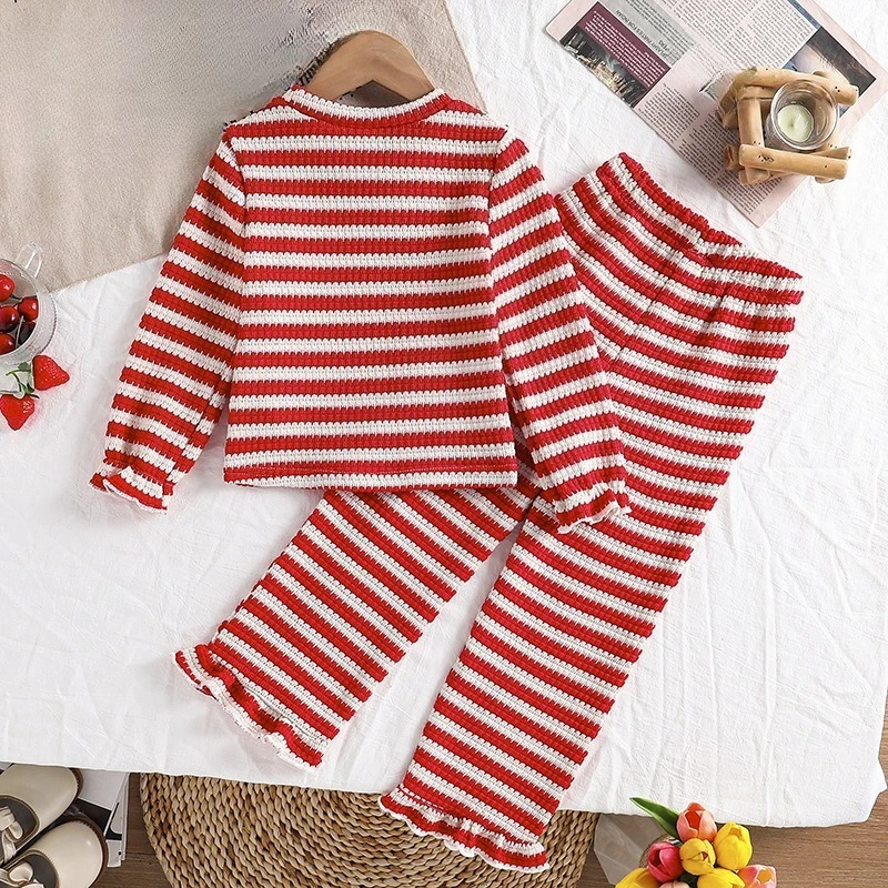 4-7 Years Girls Striped 2Pcs Outfit Strawberry Embroidery Long Sleeve Top Ruffle Flare Pants Spring Autumn Kids Clothes Set