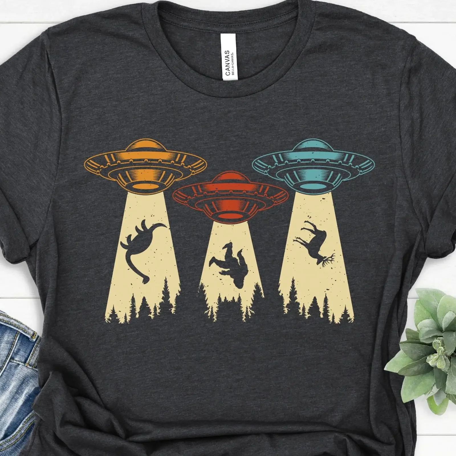 UFO Abduction T Shirt Bigfoot Alien Dinosaur Space vintage Washed Soft graphic Slightly Unisex fashion designer clothes