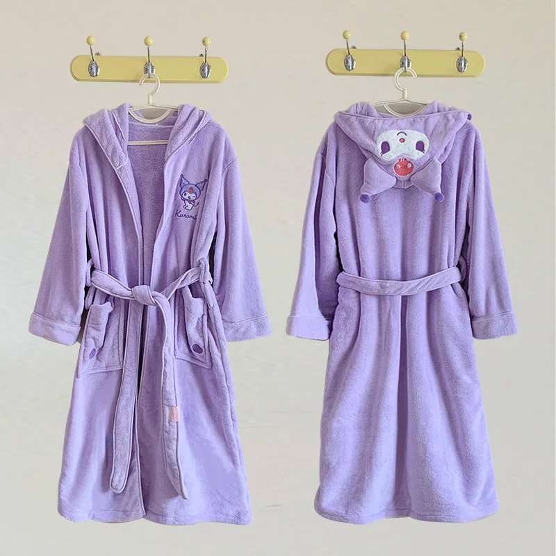 Kawaii Sanrio Hobby My Melody Kuromi Cinnamoroll Household Women\'s Coral Velvet Bathrobe Water-Absorbent Quick-Drying Nightgown