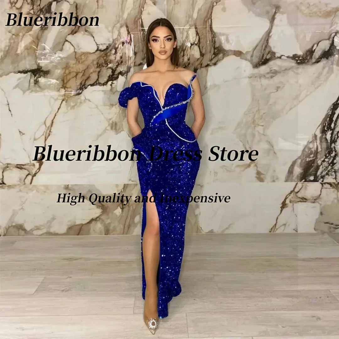 

Blueribbon Royal Blue Sequins Prom Dresses Ruffles One Shoulder Bridesmaid Dress for Weddings Side Slit Sexy Evening Party Gowns