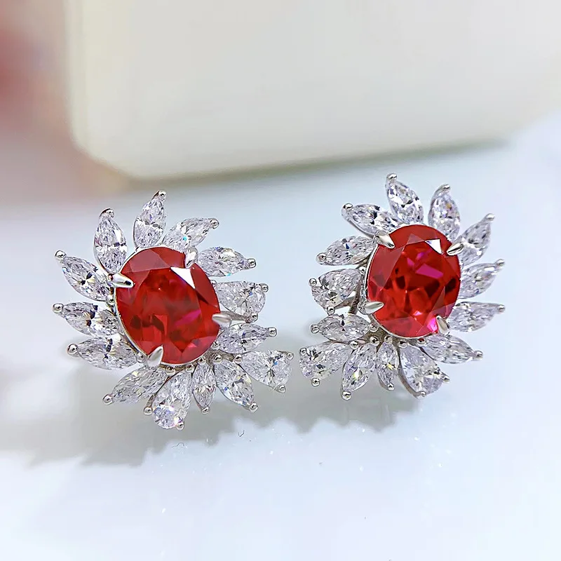 2024 New S925 Pure Silver Pigeon Blood Red 8 * 10 Earrings for Luxury Women with Full Diamond Earrings, Hot Selling Jewelry