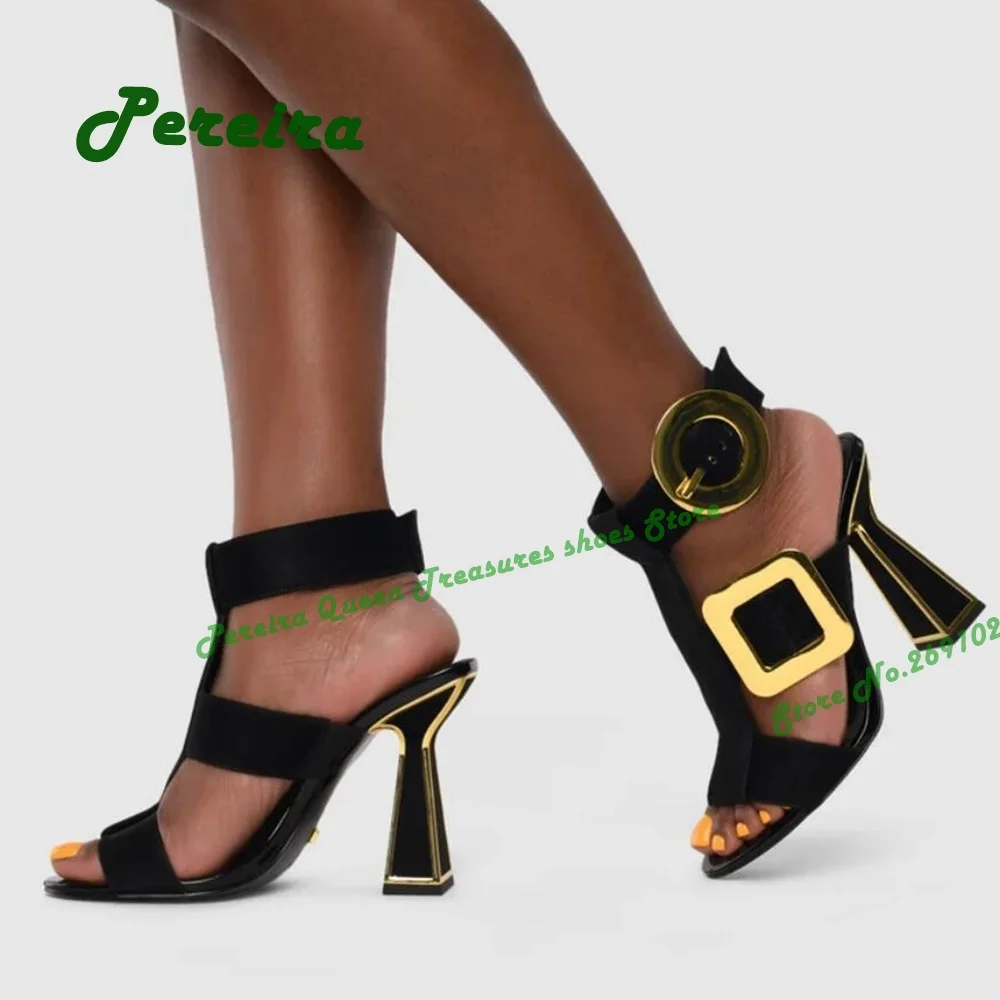 Oversized Gold-toned Buckles Flared Heels Black Slingback Open Toe Women's Sandals Summer 2023 New Runway Party Shoes Elegant