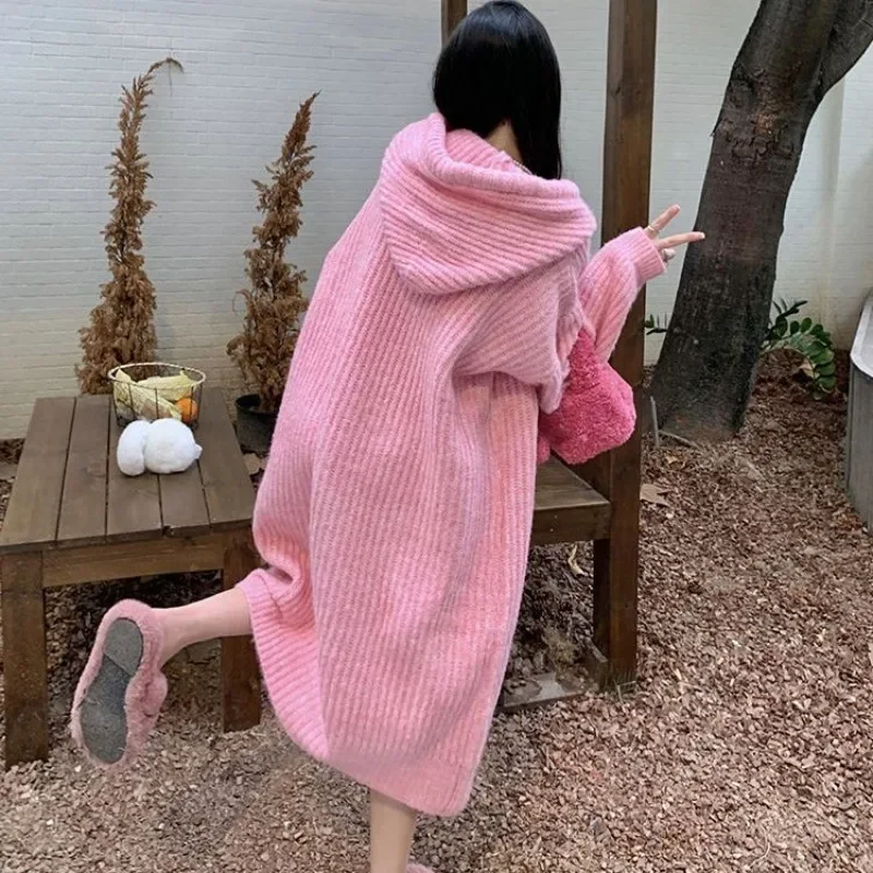 Midi Dress Women Hooded Harajuku Y2k Sweet Thicken Knitting Winter Soft Designed Cozy Vibe Streetwear Drawstring Chic Ins Style