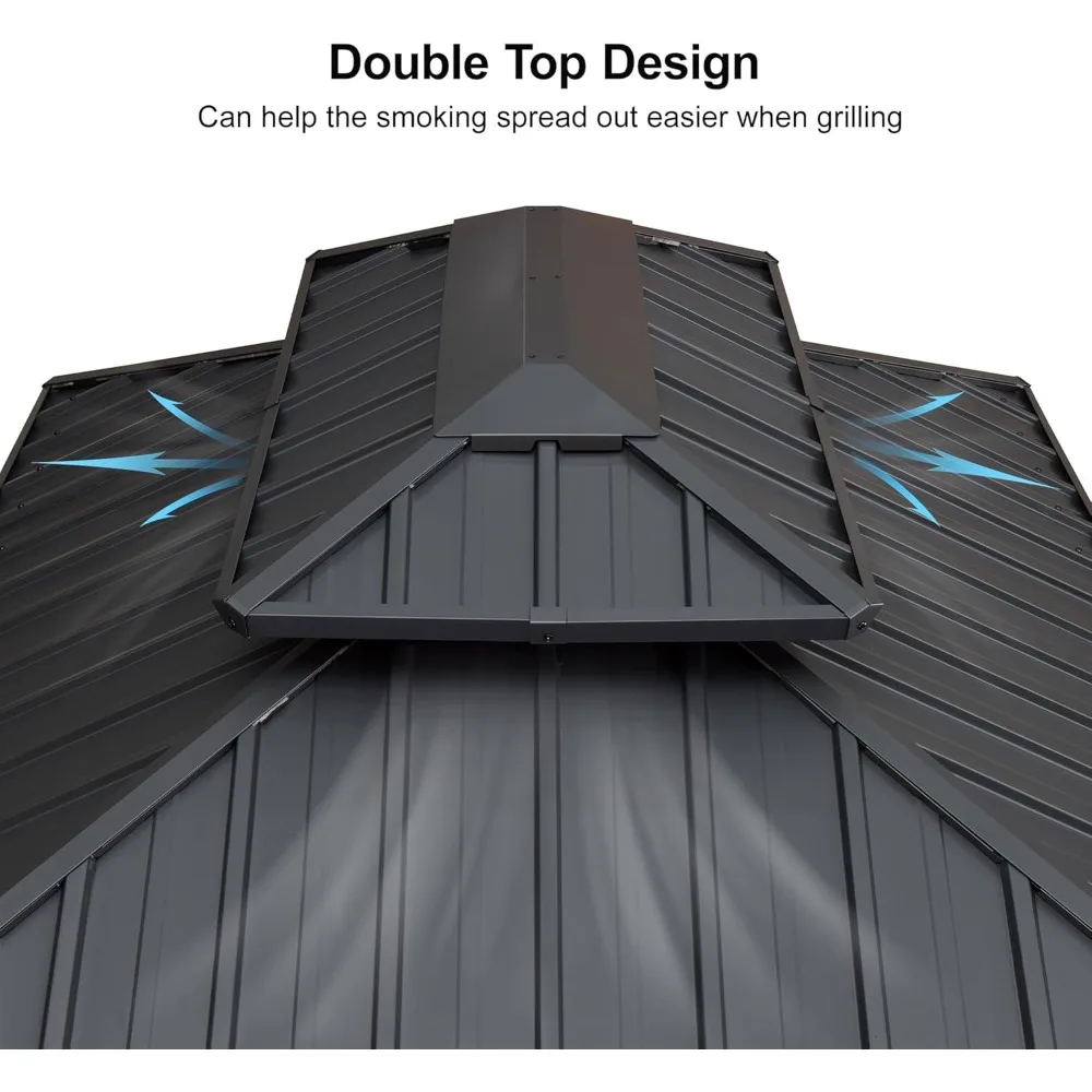 6' X 9' Hardtop Grill Gazebo for Barbecue Patio Permanent Metal Double Roof with Ceiling Hook and Shelves Outdoor Aluminum Sun