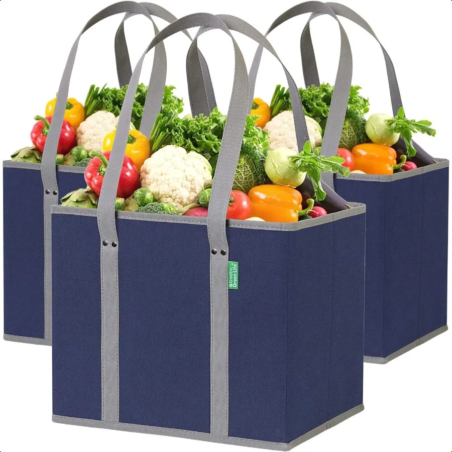 

Reusable Grocery Bags 3 Pack Heavy Duty Reusable Shopping Bags with Box Shape to Stand Up Stay Open Fold Flat Large Tote Bags a