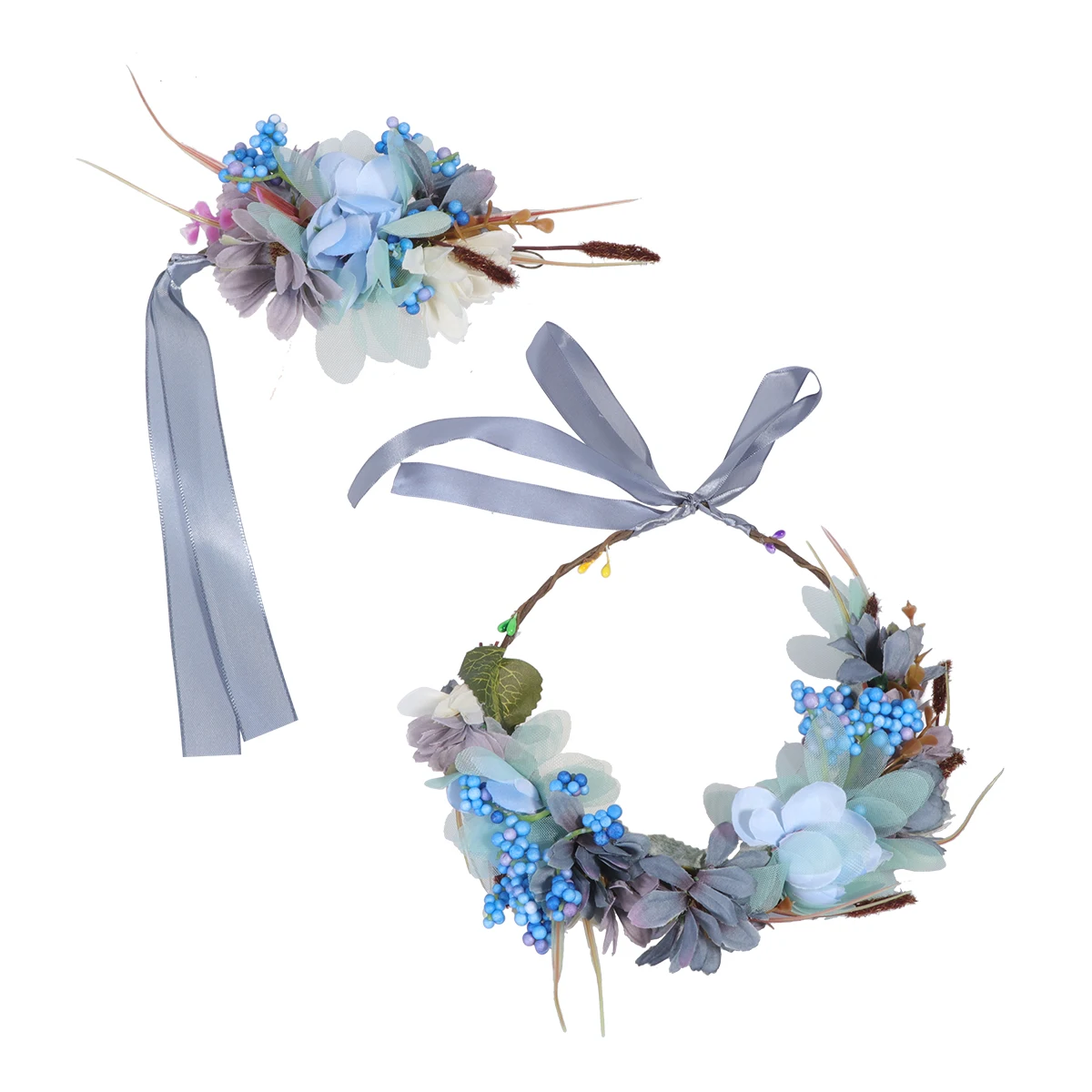 

2pcs Cloth Floral Wedding Garland Bridal Headwear Adjustable Ribbon Wrist Band Set Blue Comfortable Stylish Accessory For Party