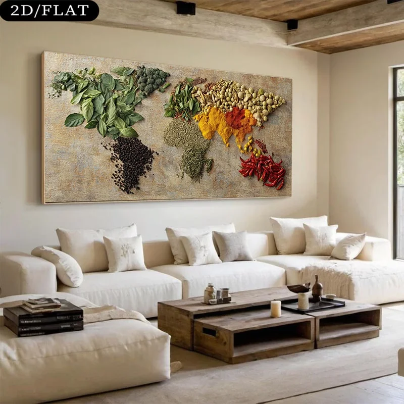World Map of Spices Canvas Prints Frameless Modern Minimalist Decorative Painting Wall Art Posters for Living Room Bedroom Home