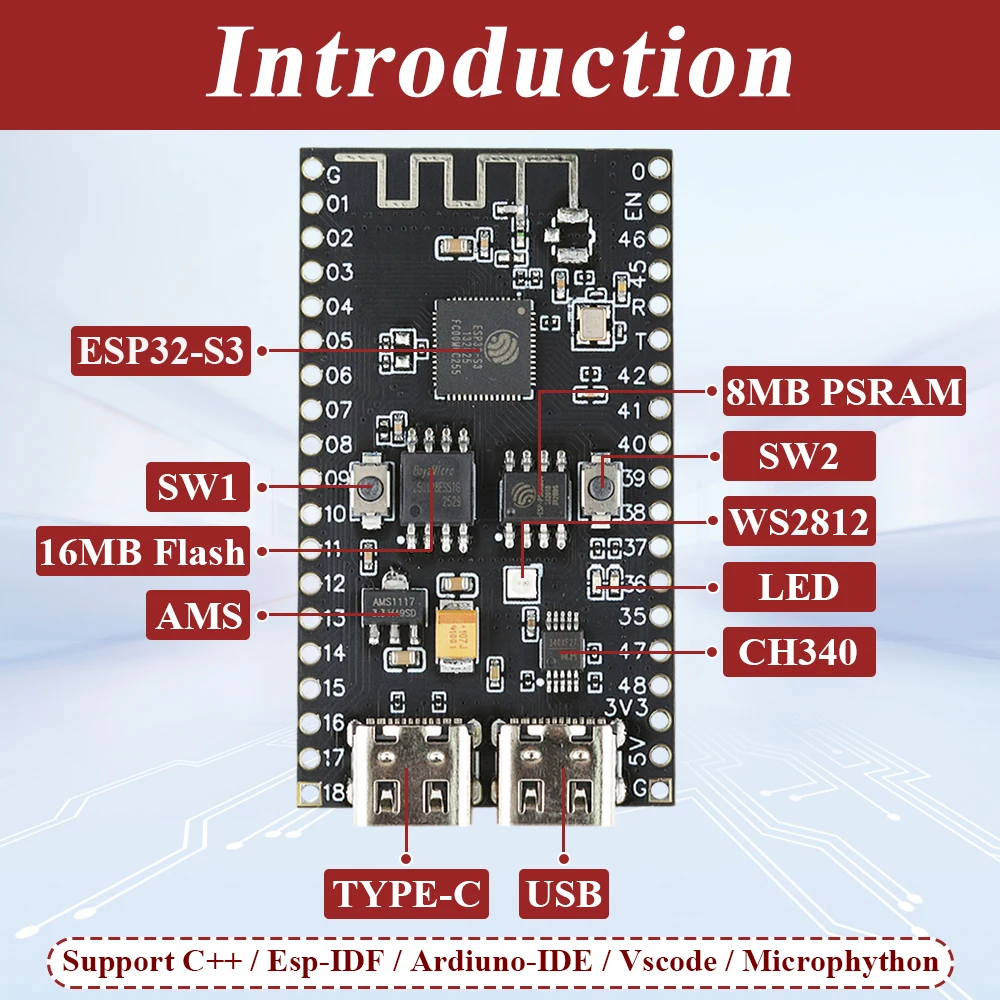 ESP32-S3 N16R8 2.4G Wifi Module Development Board for Microphython ESP IDF 8MB PSRAM 16MB FLASH WS2812 LED CH340 Type-C ESP32-S3