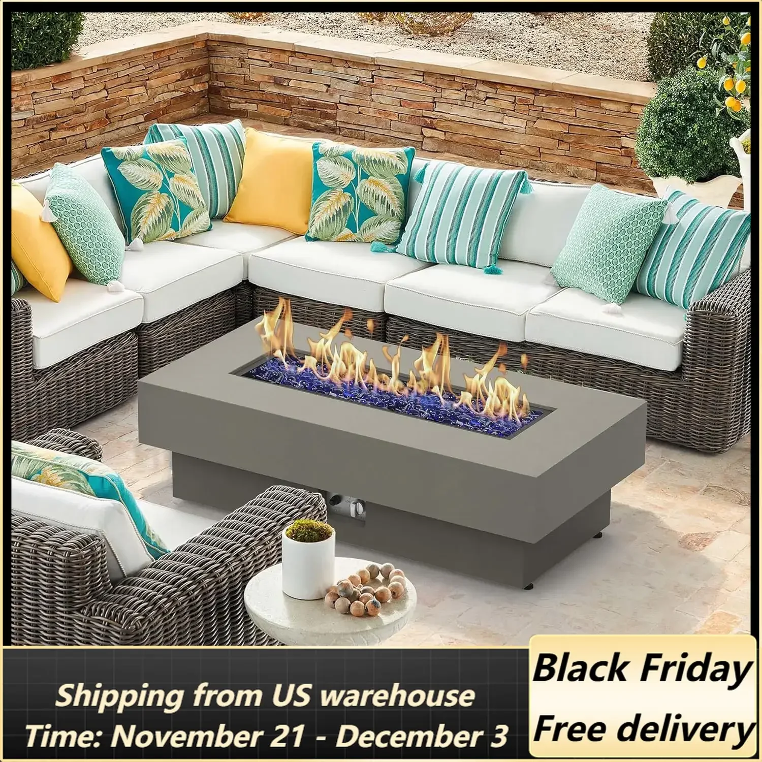 48-inch Fire Table with Natural Gas Conversion Kit, 50,000BTU Outdoor Modern Patio Fire Pit Table w/Rectangular Burner Lid, Glas