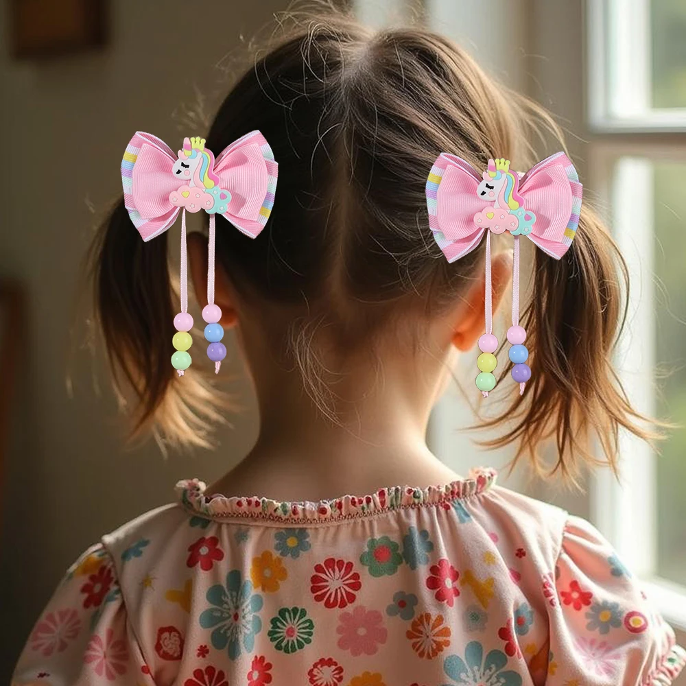 2Pcs Unicorn Rainbow Hair Clip Pink Ribbon Hairpin Mesh Pom Pendant Barrettes Kids Children Coleteros Girl Accessories Headwear