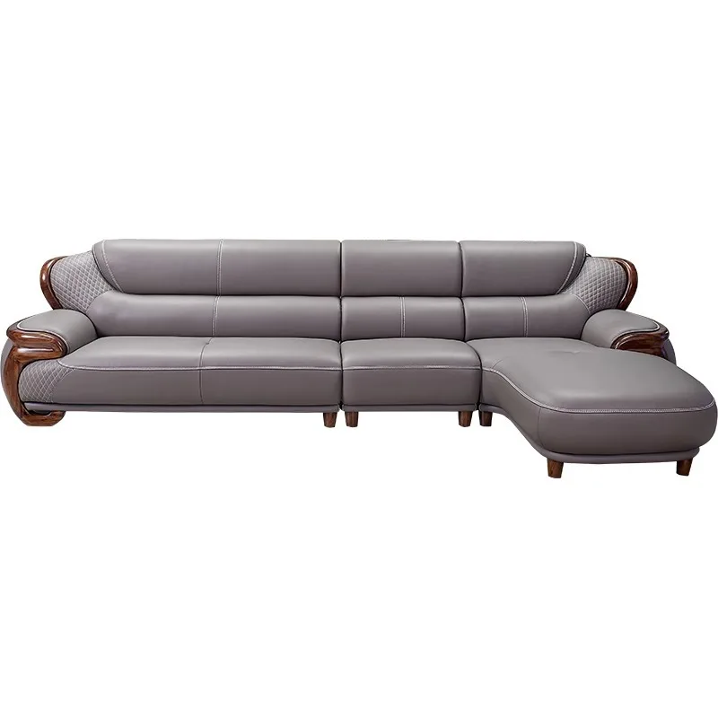 

Ebony leather sofa living room large apartment modern new Chinese high-end villa pure solid wood leather corner sofa