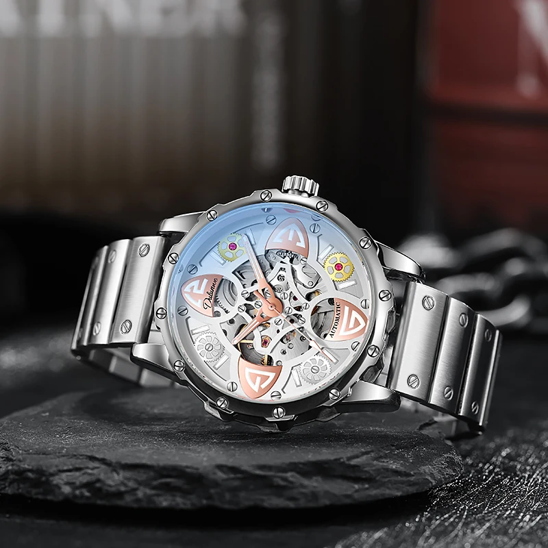 Новые мужские часы со скелетом, автоматические механические часы с турбийоном, лучший бренд, светящиеся водонепроницаемые спортивные часы из нержавеющей стали DULUNWE