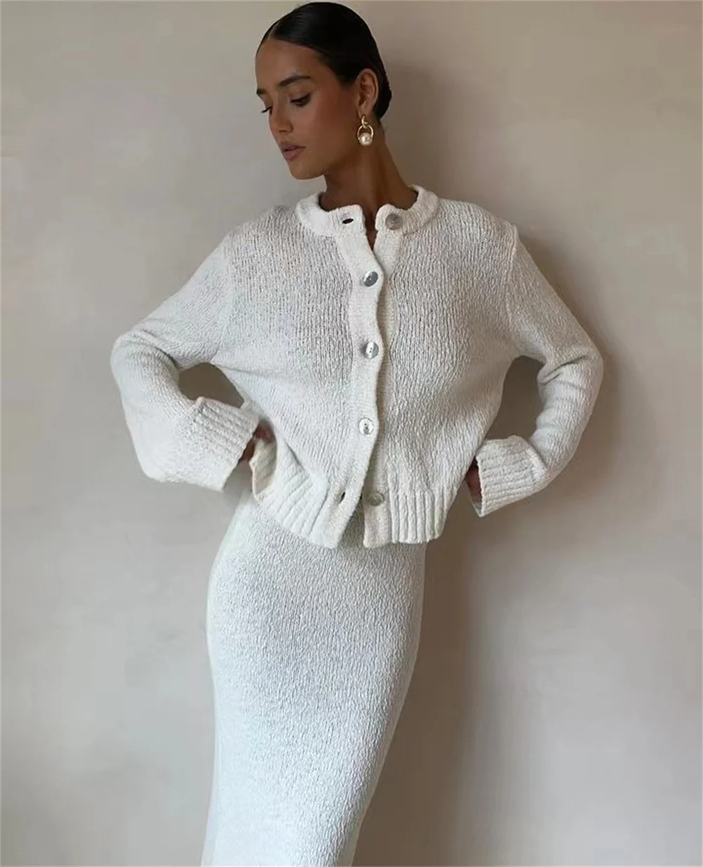 Elegant White Knitted Cardigan Maxi Skirt Set for Women 2024 New Long Sleeve Single Breasted Tops and High Waist Long Skirt Suit