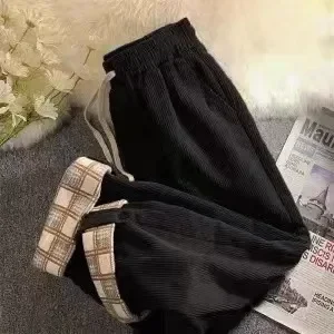Women Casual Plaid Hemming Corduroy Pants 4Xl Oversize Harajuku Retro High Waist Straight Trousers Lady Drawstring Korean Pants