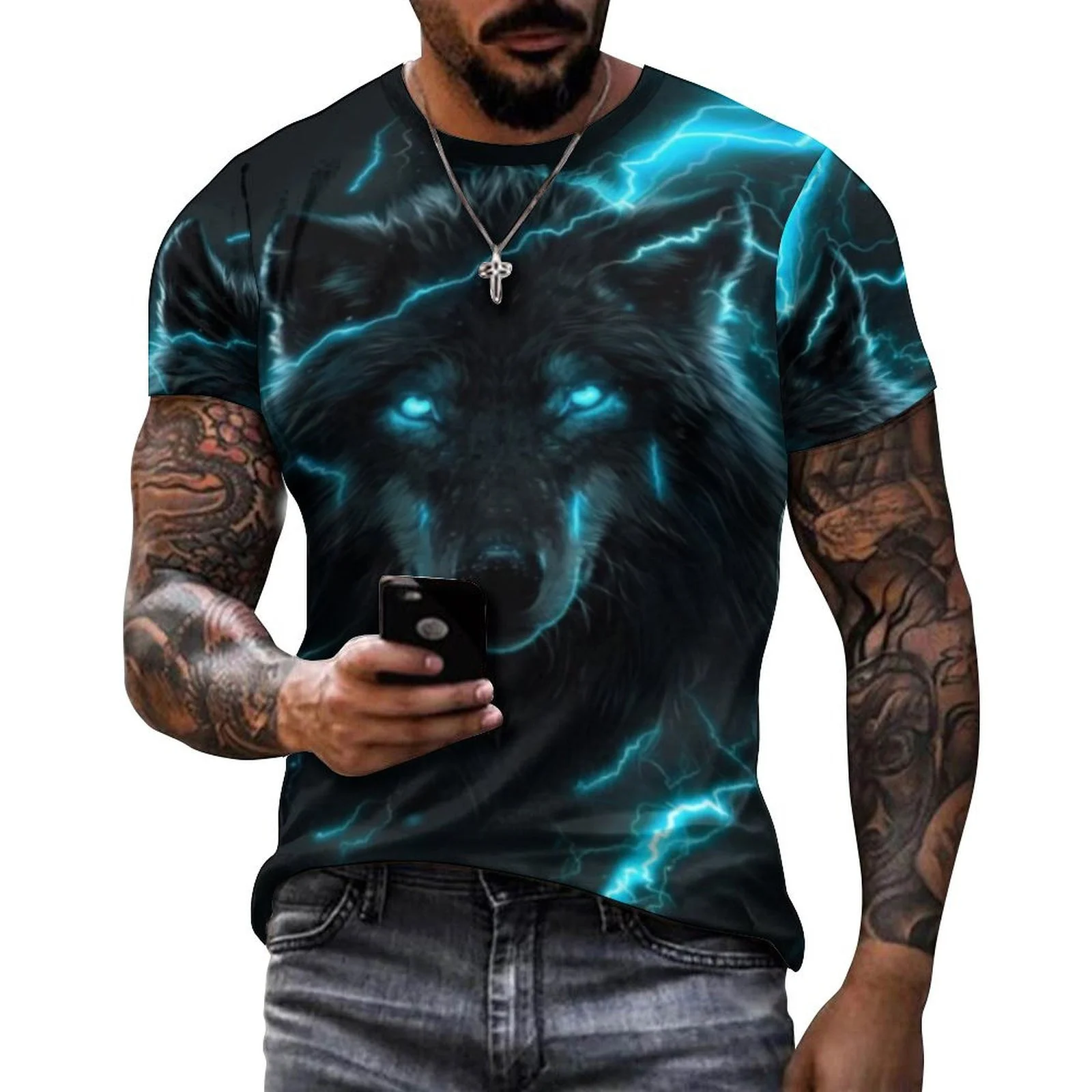 

2024 Men's 3D Graffiti Wolf God Pattern T-shirt, Casual Cool Micro Stretch Breathable T-shirt, Outdoor Spring/Summer Men's Wear