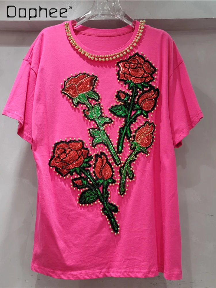 Heavy Industry Design Beaded Loose Top Women's 2025 New Sequins Big Flower Short Sleeve T-Shirt Spring Summer Y2k Top