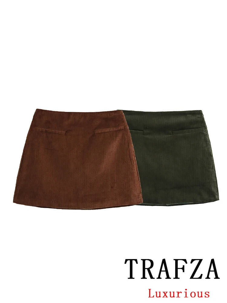 TRAFZA Vintage Casual Chic Women Skirt Corduroy Pockets Solid Zipper Straight Mini Skirt New Fashion 2024 Autumn Winter Skirts