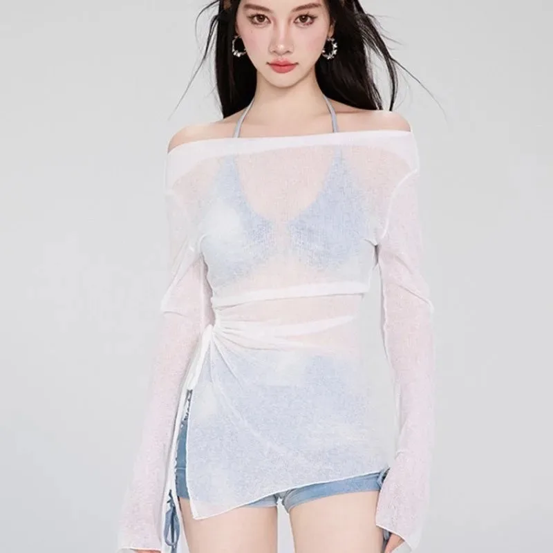 Sexy American Girl Bikini Three-Piece Set White Skin Show Meat Beach Vacation Swimsuit Separate Long Sleeve Denim Beachwear