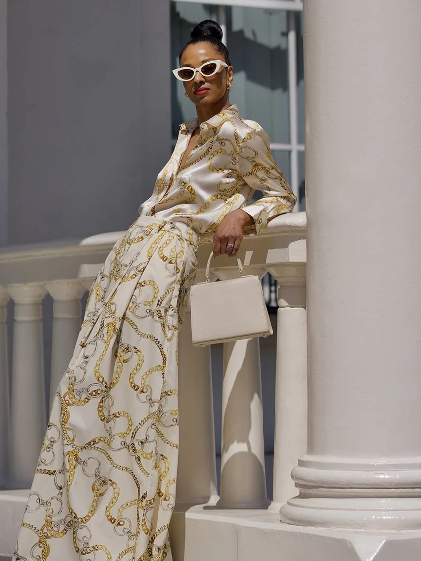 Marthaqiqi Winter Ladies Nightgowns Suit Long Sleeve Pajamas Sexy Turn-Down Collar Sleepwear Pants Printing Female Nightwear Set