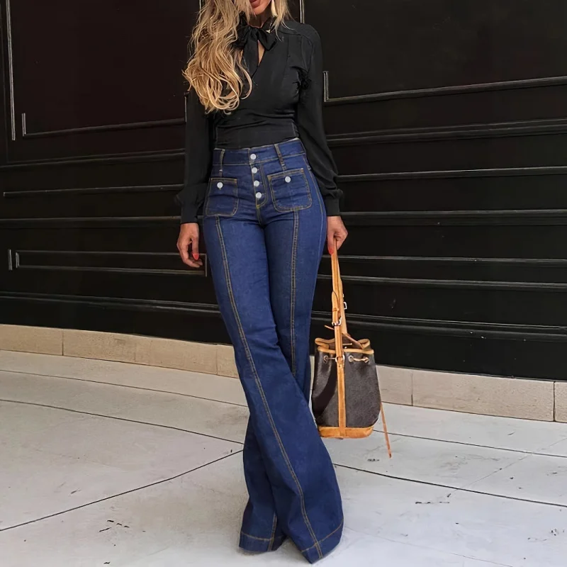 High Waisted Slimming Buckle Jeans 2026 New Women's Flared Pants Temperament Slim Fit High Waist Jeans