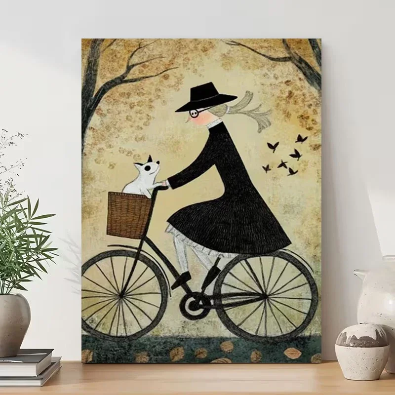 Multiple sizes 1pc frameless Canvas Painting,Double Decker Bike Woman Riding Bicycle Poster and Prints Canvas Painting Wall Art