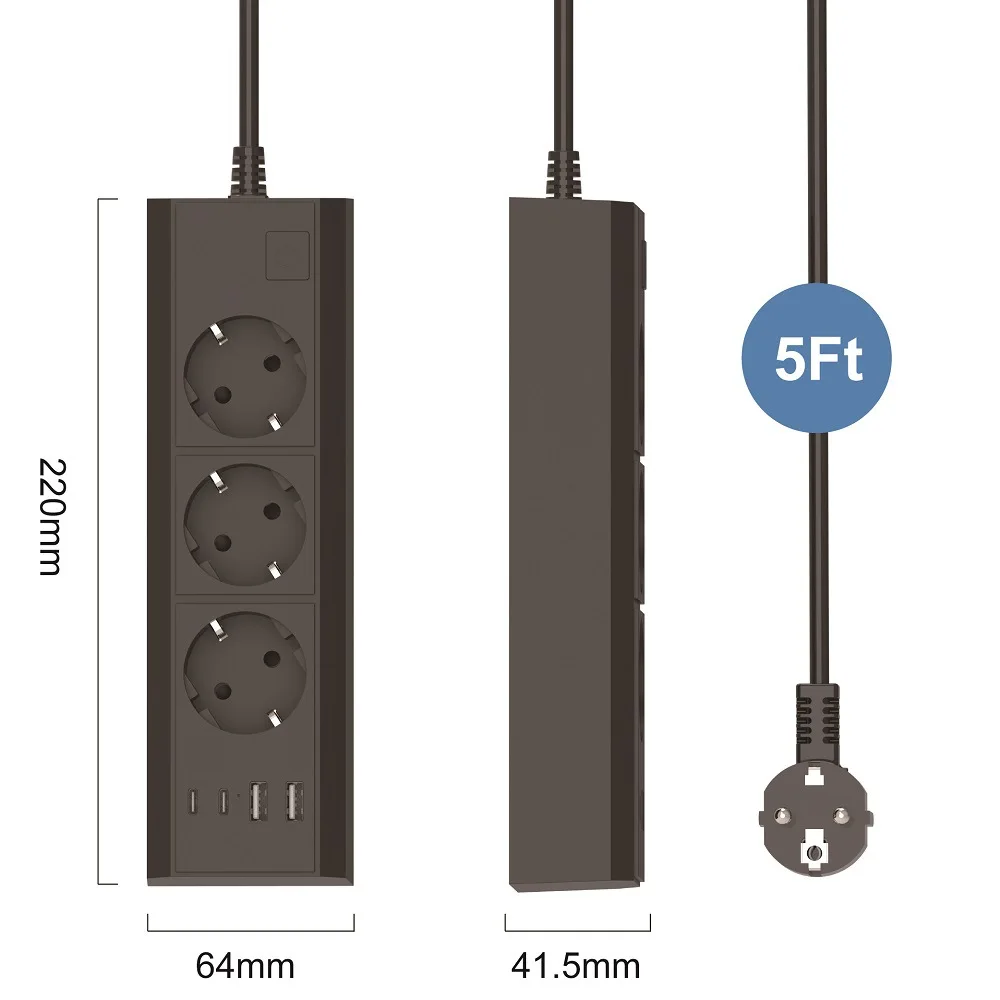 

7 In 1 2500W EU Plug Power Strip 1.5M Extension Cord Cable with 3AC Outlets 4USB 17W Fast Charging Surge Protection Socket