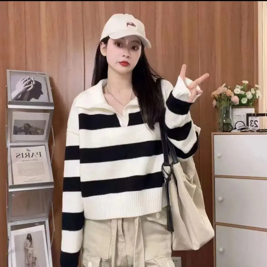 Knitted Pullovers Women Short Style Sweaters Striped Loose Casual New Arrivals Basic All-match Ladies Autumn Korean Fashion Chic