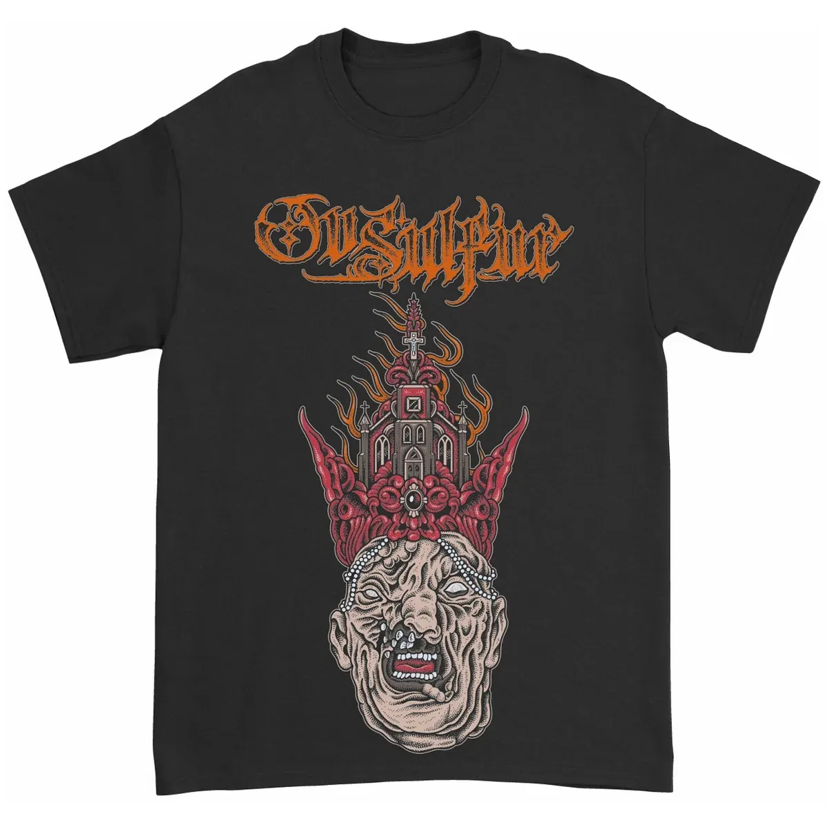 Ov Sulfur T‑Shirt Vintage Distressed Woodcut Art Cracked Portrait with Puzzle Box Front Thorn‑Wreathed Figure Candle