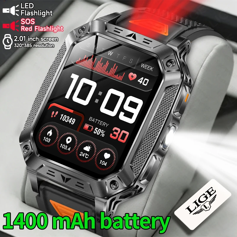 Military 1400mAh Large Capacity Battery Smart Watch Men Outdoor LED Flashlight IP68 Sports Fitness Tracker Voice Call Smartwatch