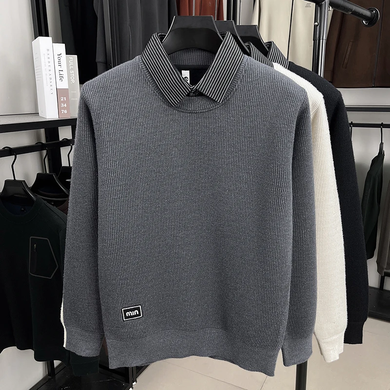 

Минимально искусственный свитер из двух частей с воротником рубашки для мужчин, зимнее тепло, новый стиль 2025 года с плюшевым и толстым вязаным свитером.