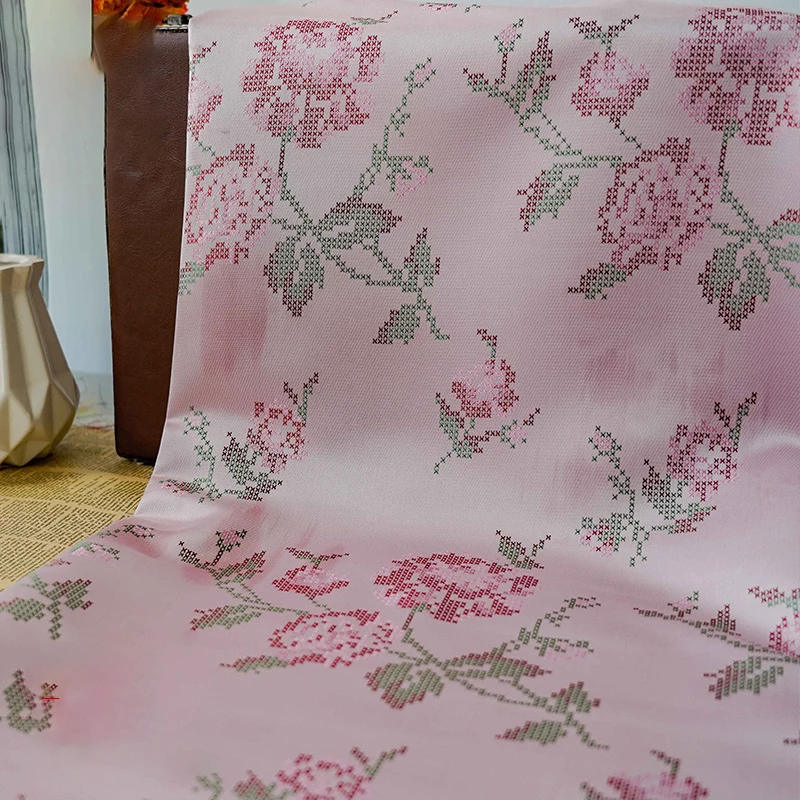 Pink Rose Pattern Drape Yarn Dyed Jacquard Fabric Spring Autumn Sweet Dress Diy Making Fabric 50cmx160cm